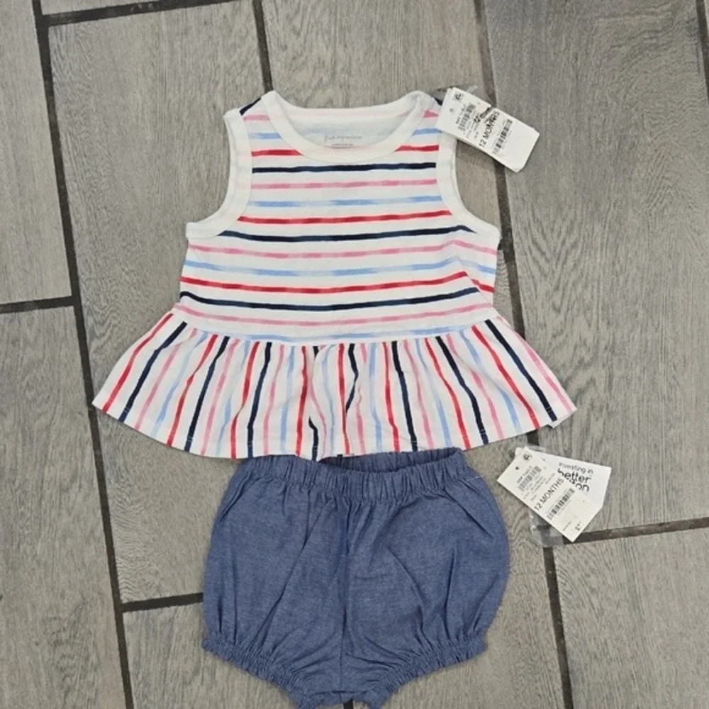 First Impressions Baby Girls 12M Striped Peplum Top and Bloomer Set‎ Multi Blue